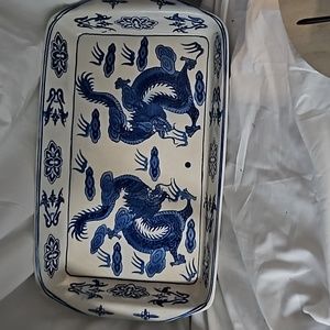 CHINESE BLUE & WHITE PORCELAIN CHINOISERIE RECTANGULAR DISH BOWL DRAGONS